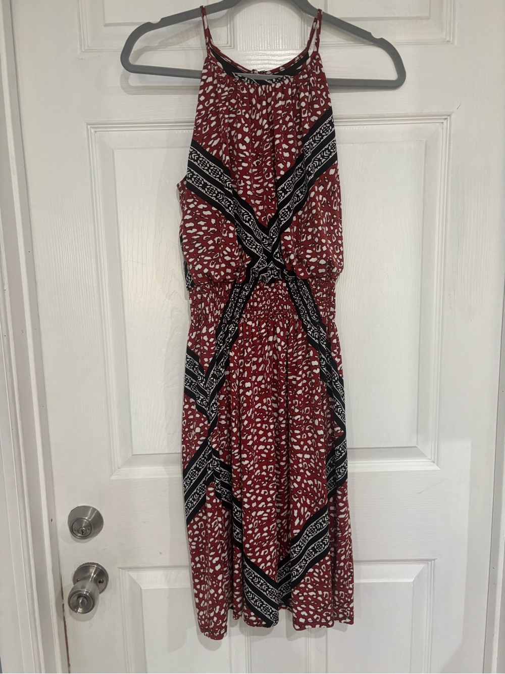 Enfocus Studio Red Patterned Halter Midi Dress with Black Accents